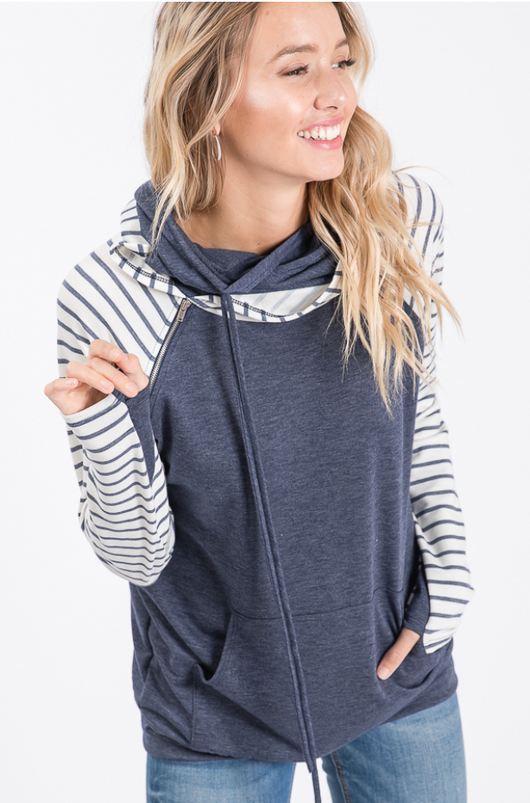 Stripe Hoodie-Navy