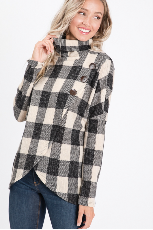 Cowl Neck Black and White Plaid